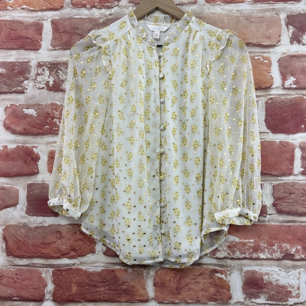 LC Lauren Conrad Top Women's XS White Yellow Gold Floral Polka Dot Bouquet Shirt